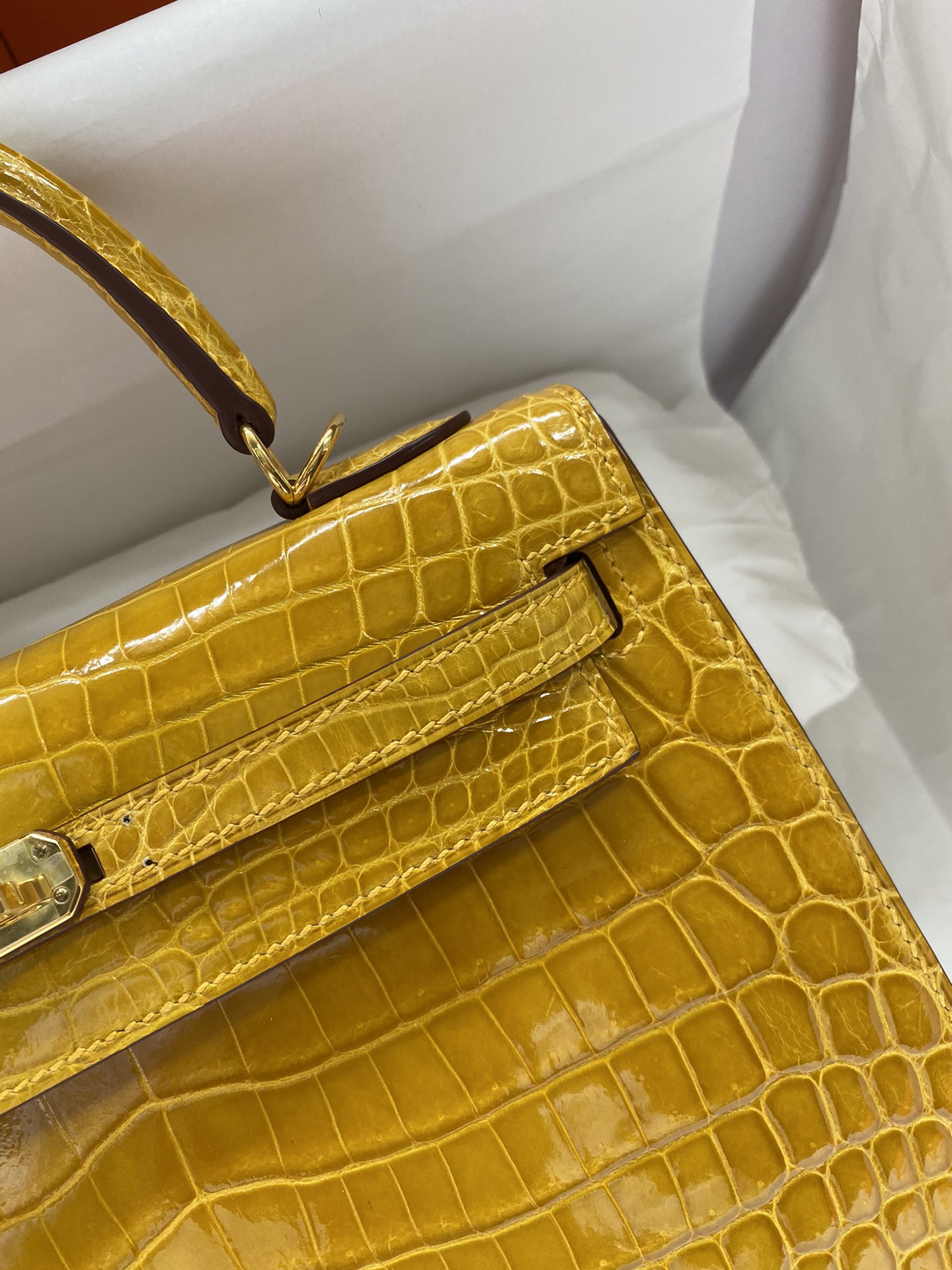 Hermes Kelly 25cm Handbag Shoulder Bag In Yellow Amber Shiny Crocodile Niloticus Leather